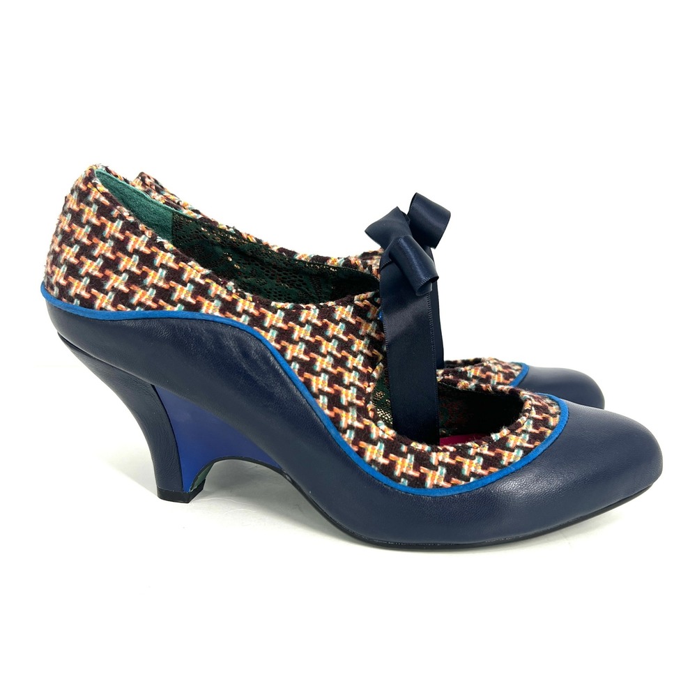 Poetic Licence London Navy Blue Tweed Houndstooth Bow Mary Jane Heels Size 40